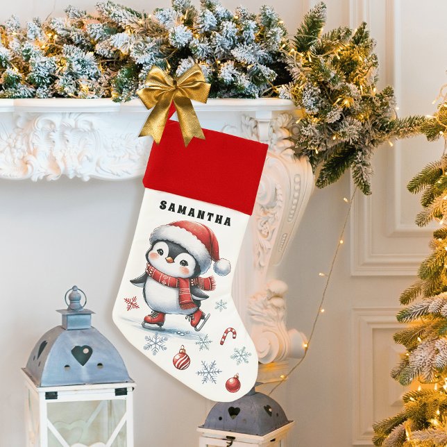 Cute Penguin Ice Skating Personalized Christmas Stocking (Creator Uploaded)