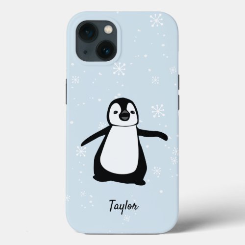 Cute Penguin illustration Blue Snow Custom Name iPhone 13 Case