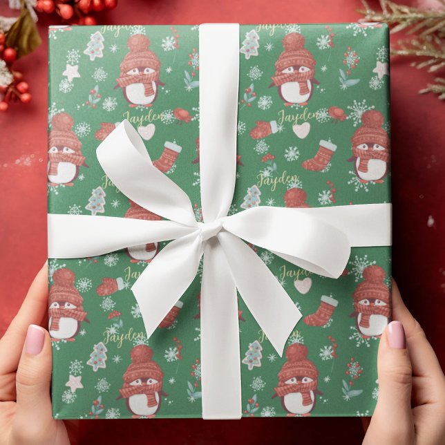 Cute Penguin Illustration Custom Name Kids Wrapping Paper (Cute Cartoon Animals Penguin Custom Wrapping Paper
)