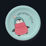 Cute Penguin in a Sweater Personalized Paper Plates<br><div class="desc">With its adorable penguin illustration these paper plates are perfect for birthday parties for penguins fans as well as holiday parties. The feature an illustration of a cute little penguin bundled up in a sweater and hat against a mint green background. Use the template field to personalize the message on...</div>