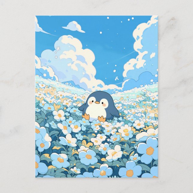 Cute Penguin in Blue Flower Meadow Postcard (Front)