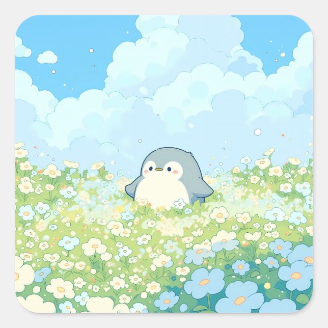 Cute Penguin in Blue Spring Meadow Square Sticker (Front)