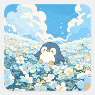 Cute Penguin in Blue Wildflower Field Square Sticker