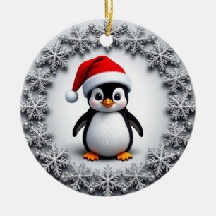 Cute Penguin in Christmas Hat Festive Snowflakes Ceramic Ornament