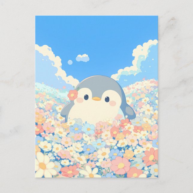 Cute Penguin in Colorful Spring Meadow Postcard (Front)