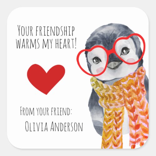 Cute Penguin in Glasses Kids Friends Valentines Square Sticker