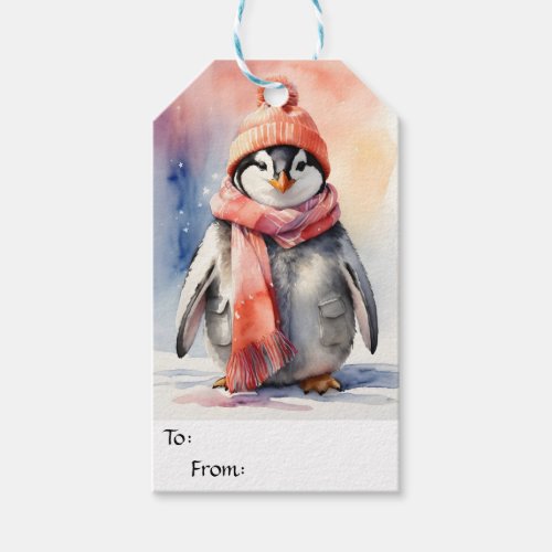 Cute Penguin in Pastel Coat Hat Scarf Christmas  Gift Tags