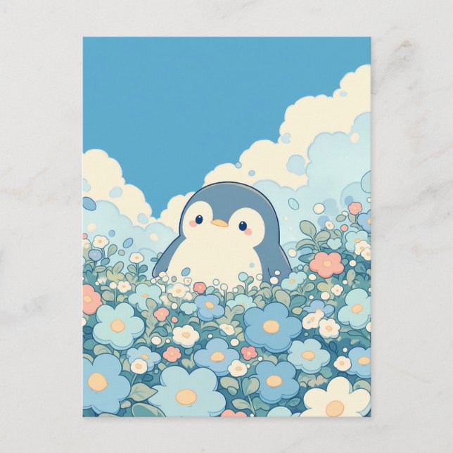 Cute Penguin in Pastel Flower Meadow Postcard (Front)