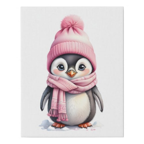 Cute Penguin in Pink Hat and Scarf 2a Christmas Faux Canvas Print