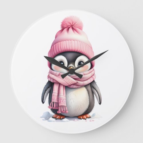 Cute Penguin in Pink Hat and Scarf 2a Christmas Large Clock