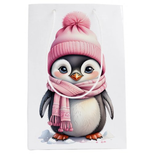 Cute Penguin in Pink Hat and Scarf 2a Christmas Medium Gift Bag