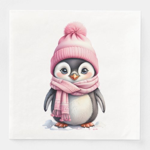 Cute Penguin in Pink Hat and Scarf 2a Christmas Paper Dinner Napkins