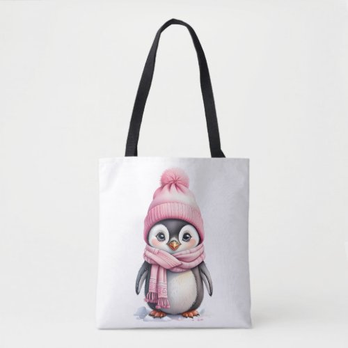 Cute Penguin in Pink Hat and Scarf 2a Christmas Tote Bag