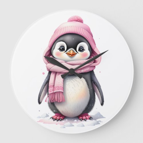 Cute Penguin in Pink Hat and Scarf 3a Christmas Large Clock