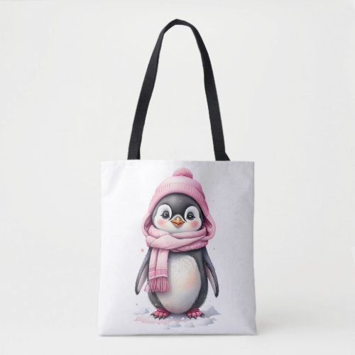 Cute Penguin in Pink Hat and Scarf 3a Christmas Tote Bag