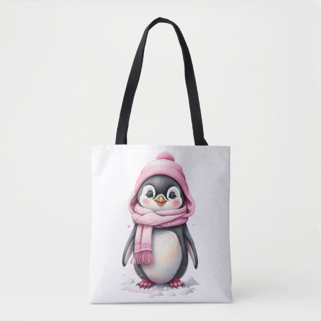 Cute Penguin in Pink Hat and Scarf 3a Christmas Tote Bag (Front)