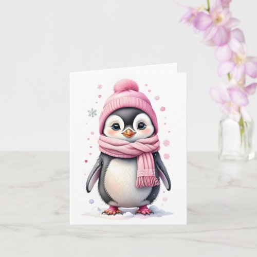 Cute Penguin in Pink Hat and Scarf Blank Christmas Card