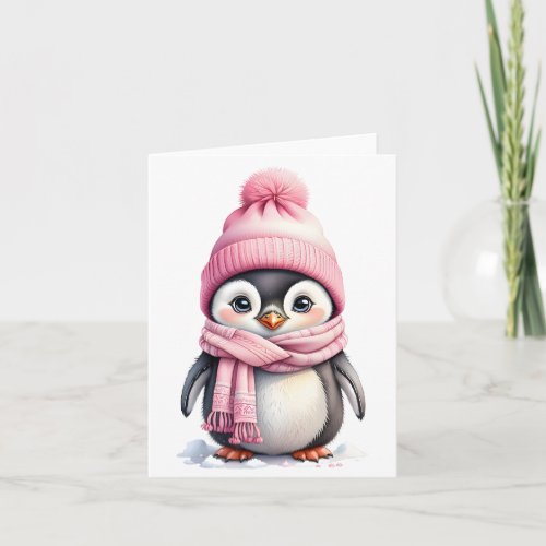 Cute Penguin in Pink Hat Scarf 2a Blank Christmas Card