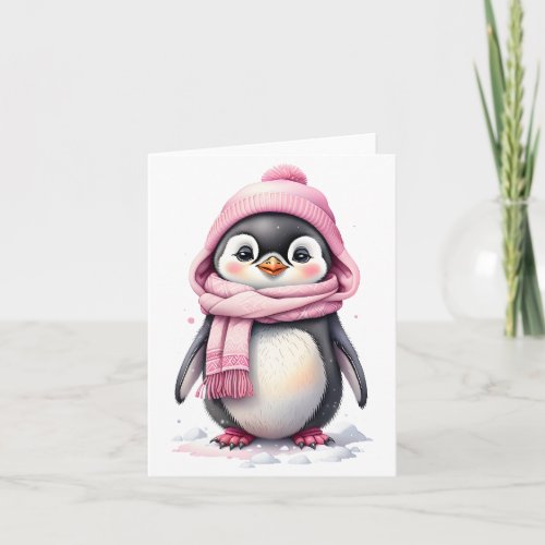 Cute Penguin in Pink Hat Scarf 3a Blank Christmas Card