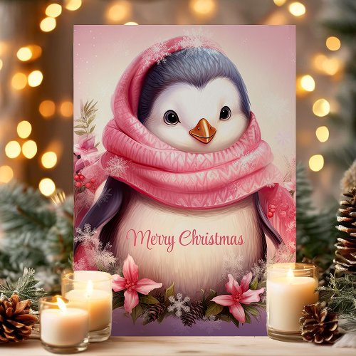 Cute Penguin In Pink Scarf Christmas Holiday Card