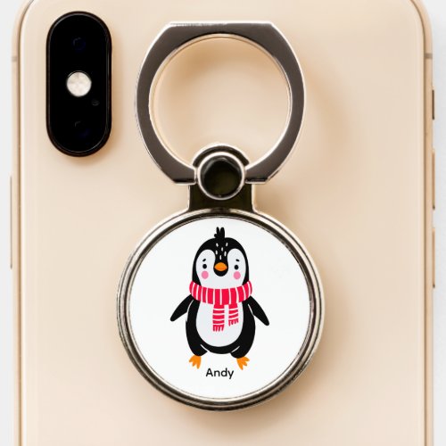Cute Penguin in Red Stripes Scarf Phone Ring Stand