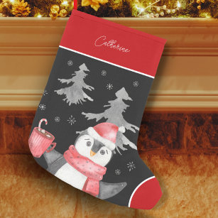 Cute Penguin in Santa Claus Hat Red and Black Small Christmas Stocking