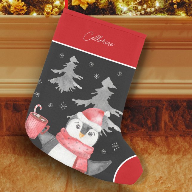 Cute Penguin in Santa Claus Hat Red and Black Small Christmas Stocking (Creator Uploaded)