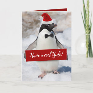 Cute Penguin in Santa Hat Holding Yuletide Sign Holiday Card