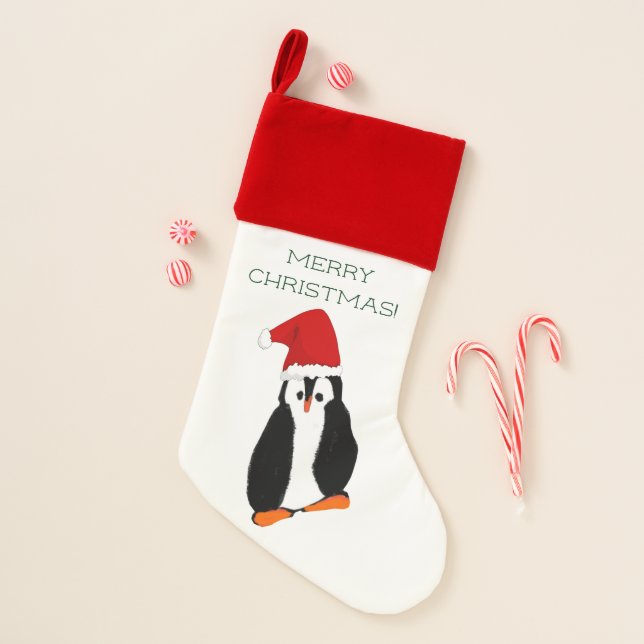 Cute Penguin in Santa Hat Merry Christmas Christmas Stocking (Front)