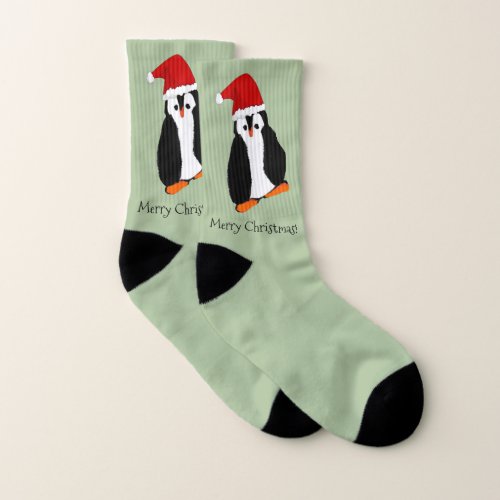 Cute Penguin in Santa Hat Merry Christmas Green Socks