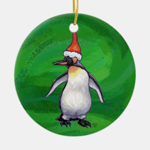 Cute Penguin in Santa Hat on Green Ceramic Ornament