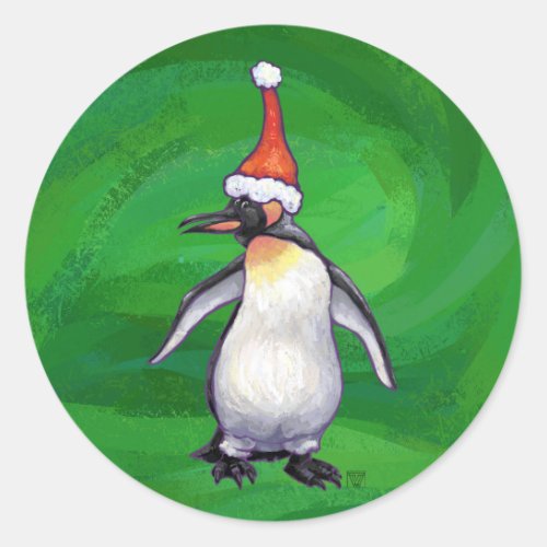 Cute Penguin in Santa Hat on Green Classic Round Sticker