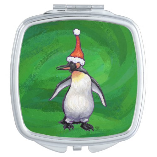 Cute Penguin in Santa Hat on Green Compact Mirror