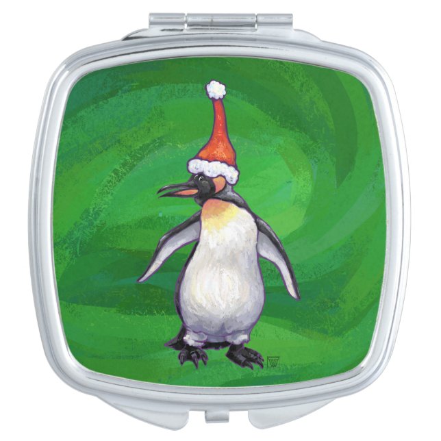 Cute Penguin in Santa Hat on Green Compact Mirror (Front)
