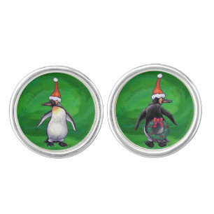 Cute Penguin in Santa Hat on Green Cufflinks