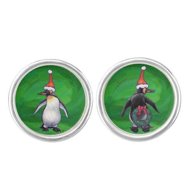 Cute Penguin in Santa Hat on Green Cufflinks (Front)