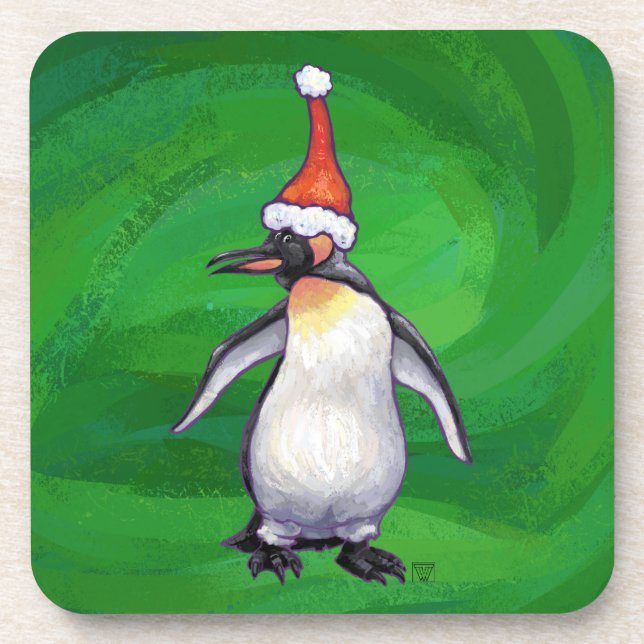 Cute Penguin in Santa Hat on Green Drink Coaster (Front)