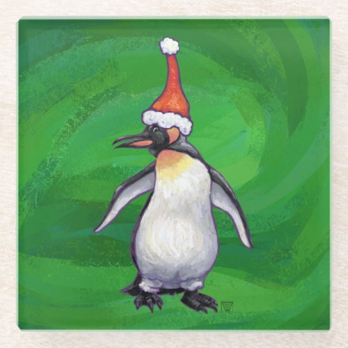 Cute Penguin in Santa Hat on Green Glass Coaster