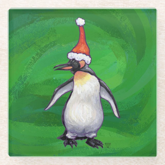 Cute Penguin in Santa Hat on Green Glass Coaster (Front)