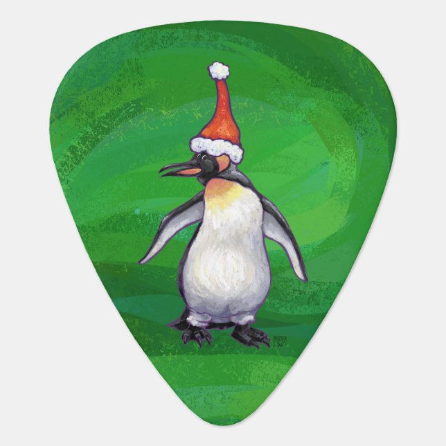 Cute Penguin in Santa Hat on Green Guitar Pick (Front)