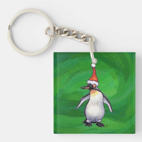 Cute Penguin in Santa Hat on Green Keychain