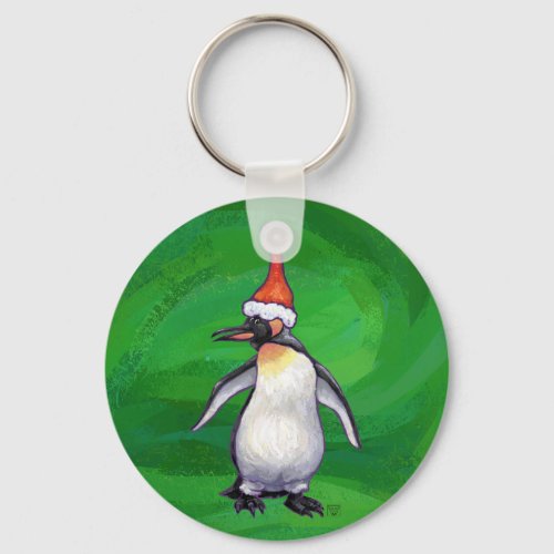 Cute Penguin in Santa Hat on Green Keychain