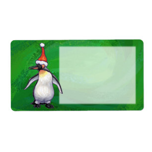 Cute Penguin in Santa Hat on Green Label