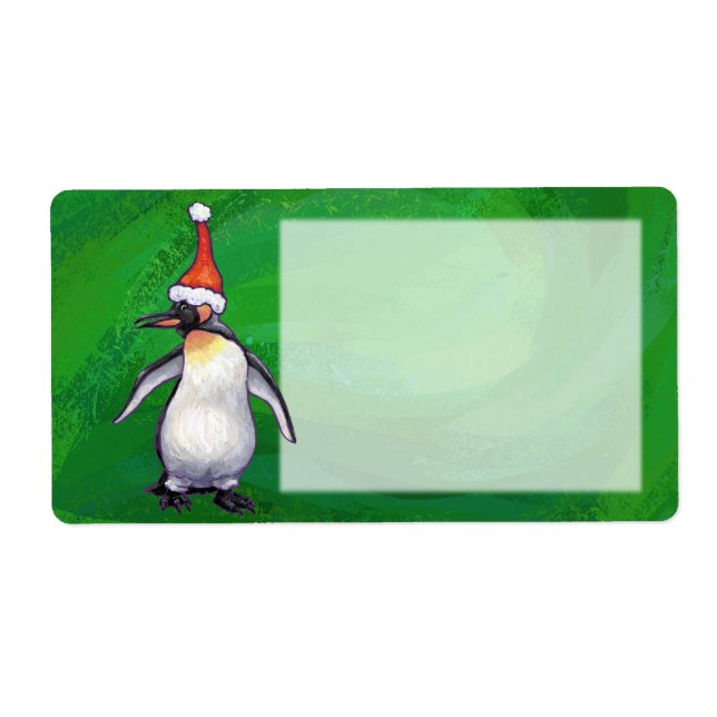 Cute Penguin in Santa Hat on Green Label (Front)
