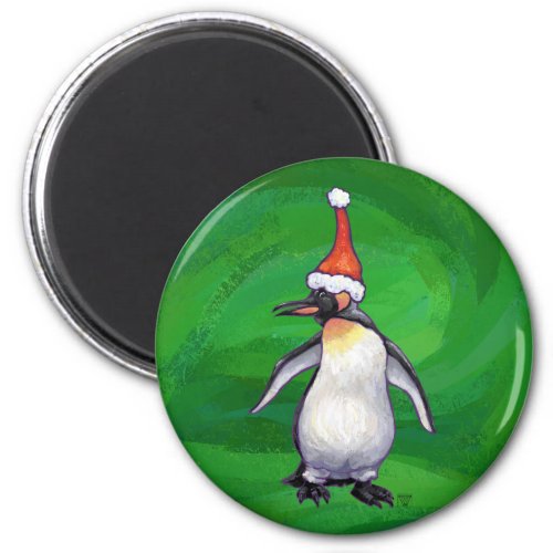 Cute Penguin in Santa Hat on Green Magnet