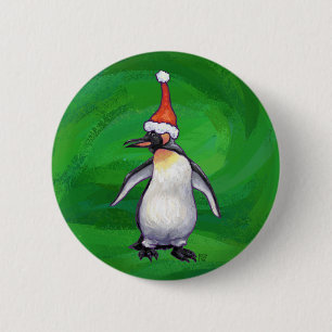 Cute Penguin in Santa Hat on Green Pinback Button