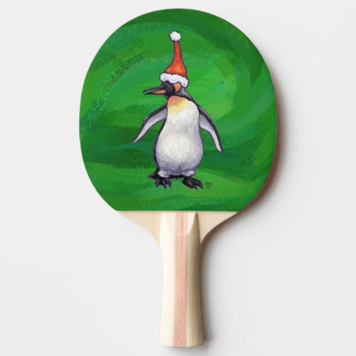 Cute Penguin in Santa Hat on Green Ping Pong Paddle