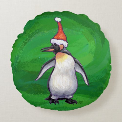 Cute Penguin in Santa Hat on Green Round Pillow