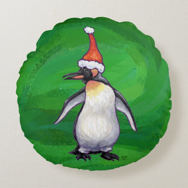 Cute Penguin in Santa Hat on Green Round Pillow (Front)