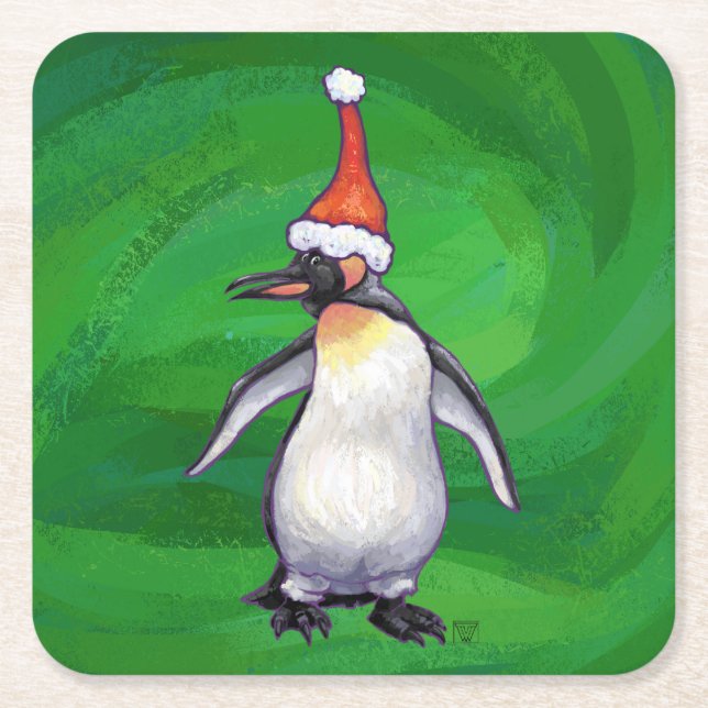 Cute Penguin in Santa Hat on Green Square Paper Coaster (Front)